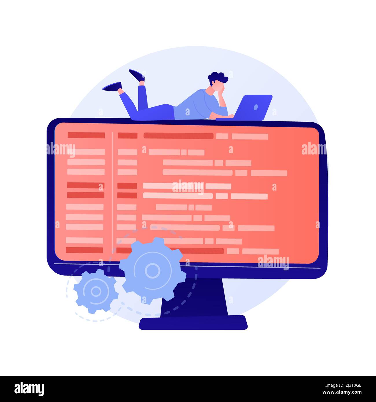 Online database, cloud disk. Data storage, information base, computer application. PC user, operator cartoon character. Information on monitor screen. Stock Vector