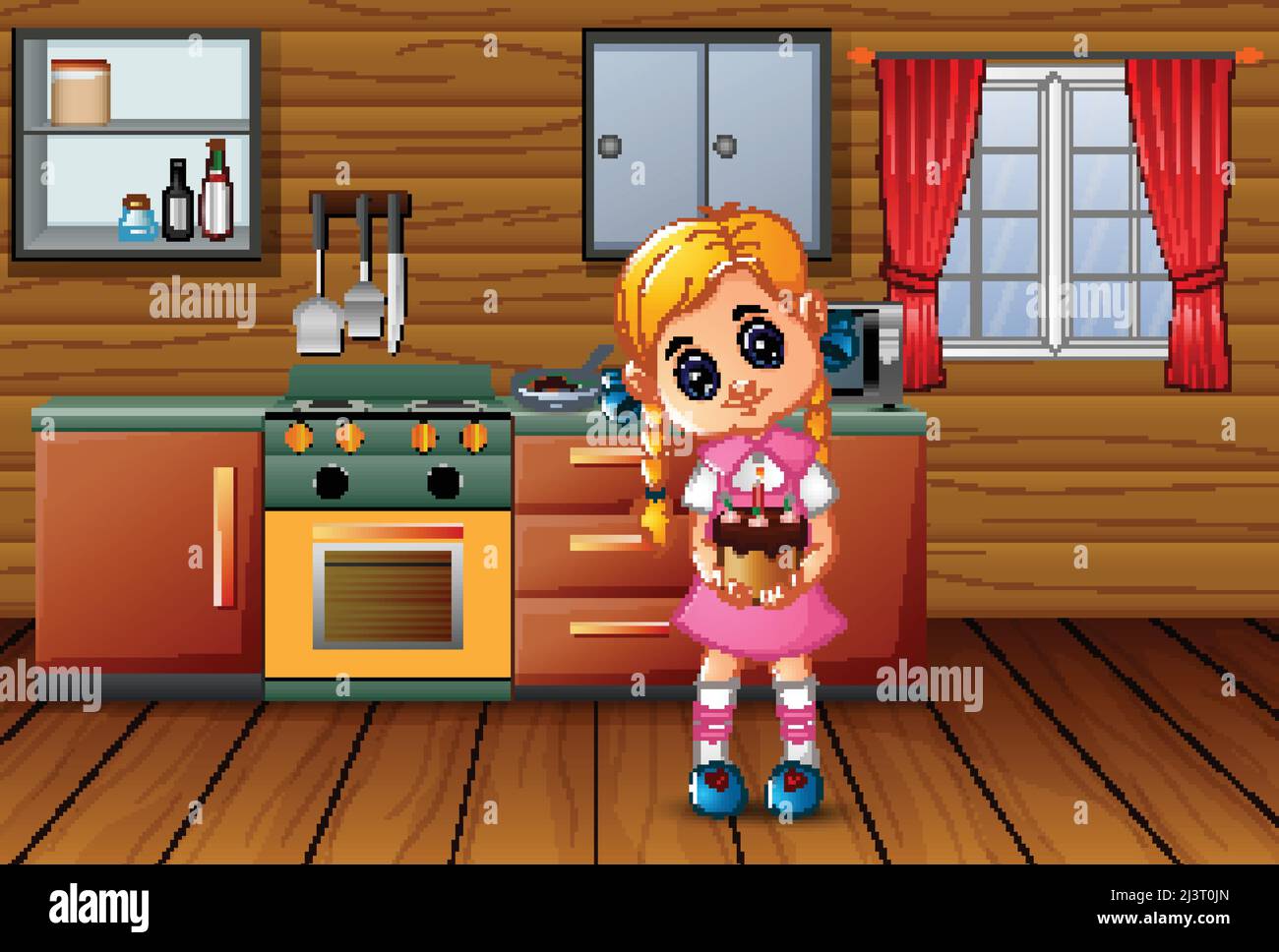 Cute Cartoon a Girl holding a cake in the Kitchen Stock Vector Image ...