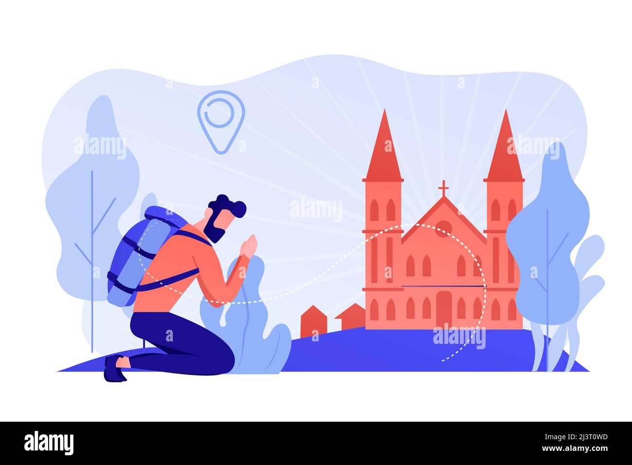 Kneeling pilgrim reached famous christian cathedral and praying. Christian pilgrimages, go on pilgrimage, visit the saint places concept. Pinkish cora Stock Vector