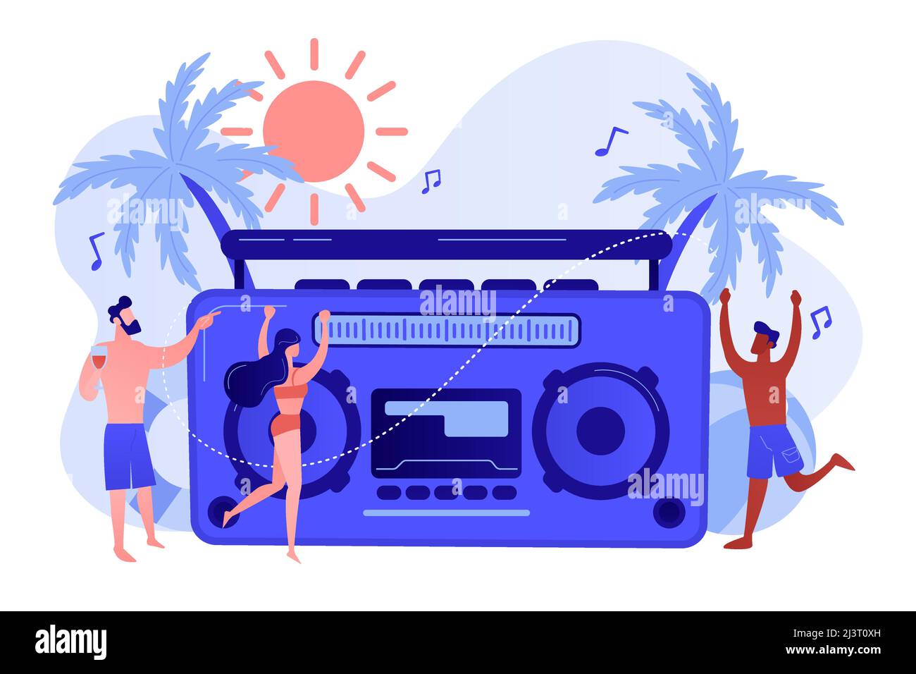 Young tiny people dancing on the beach in swimming suits and shorts at