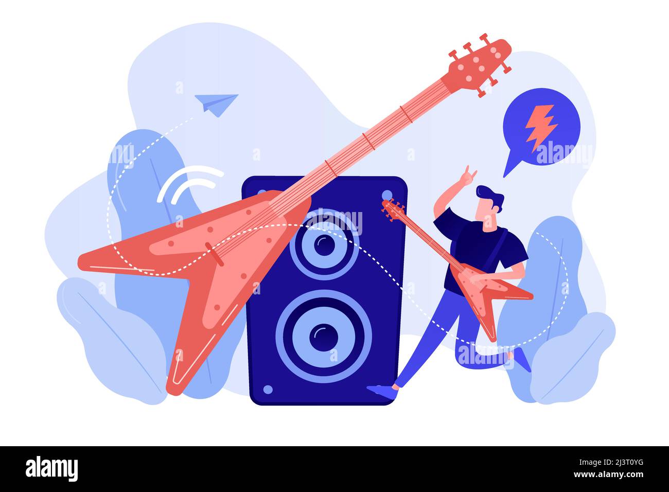 Guitarist playing the electric guitar at concert, tiny people. Rock music style, rock and roll party, rock music festival concept. Pinkish coral bluev Stock Vector