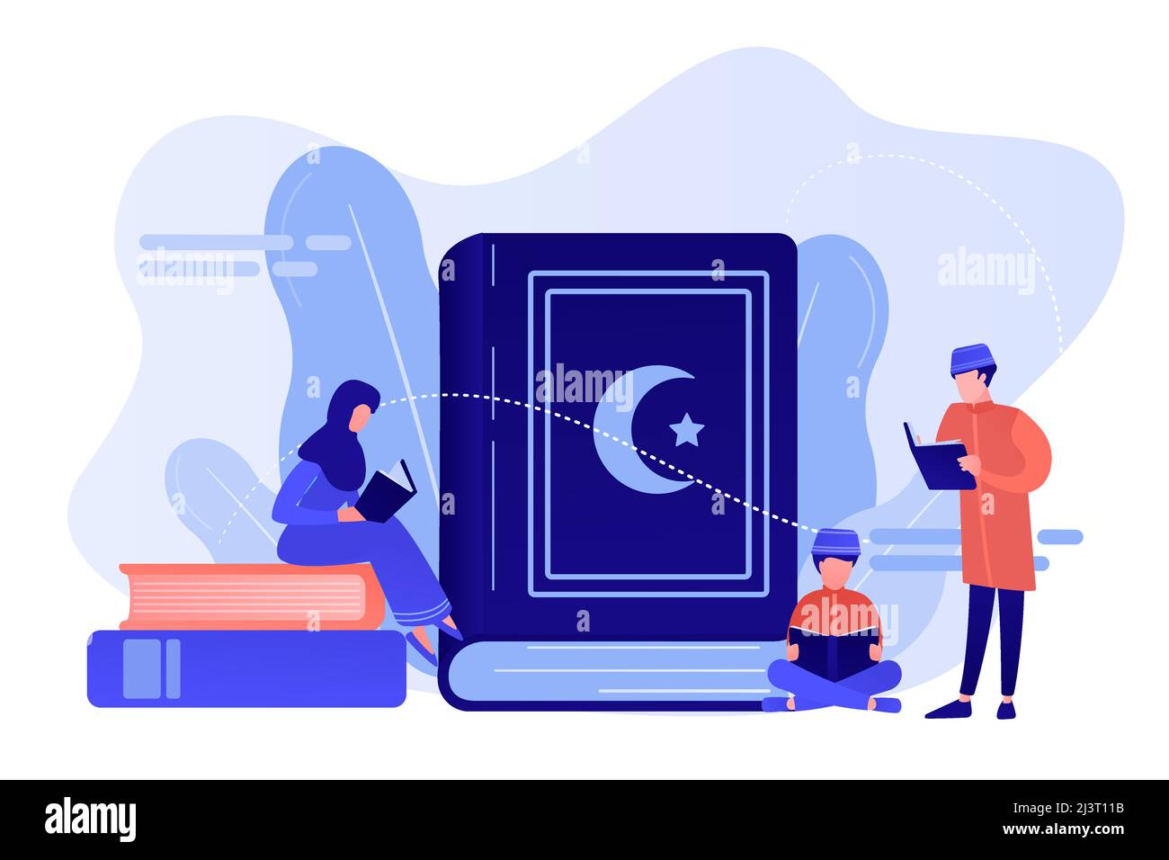 Muslim family in traditional clothes reading holy book Quran, tiny people. Five Pillars of Islam, Islamic calendar, Islamic culture concept. Pinkish c Stock Vector