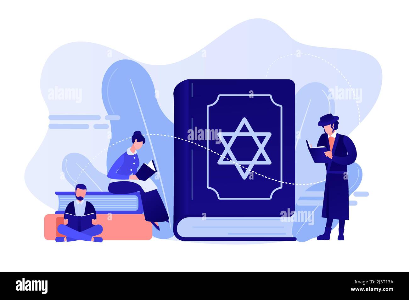 Jews in national costumes reading about religion, Torah, tiny people. Torah Judaism holy book, Jewish Beliefs on Jesus, orthodox Judaism concept. Pink Stock Vector