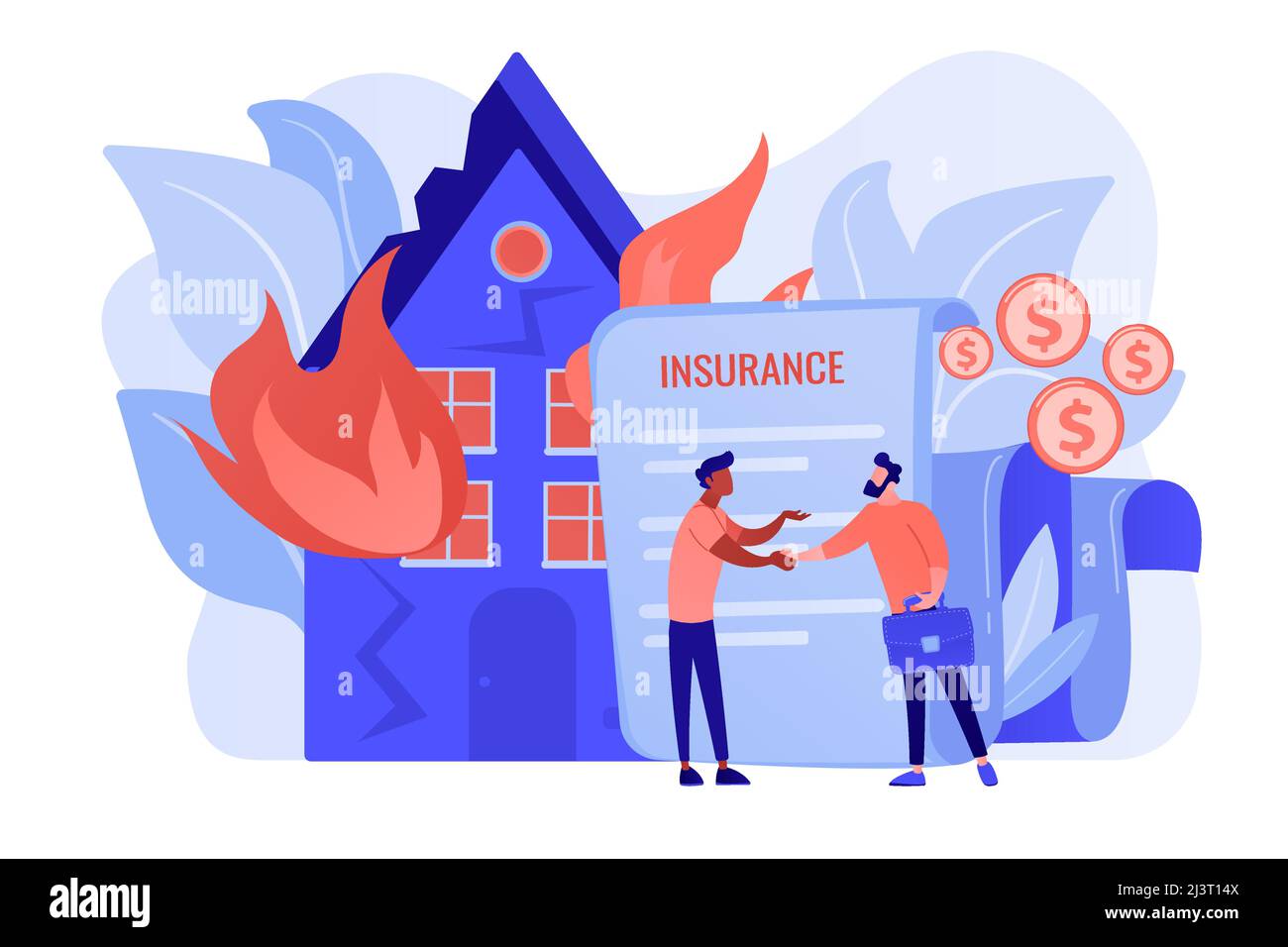 Burn house, flaming building. Insurance agent and customer flat