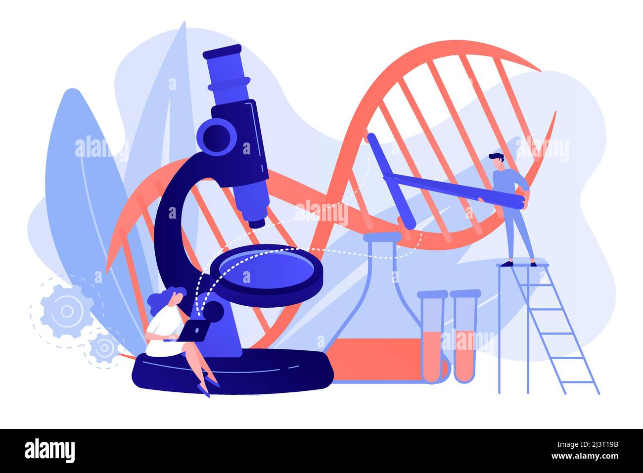 Microscope and scientists changing DNA structure. Genetic engineering, genetic modification and genetic manipulation concept on white background. Pink Stock Vector