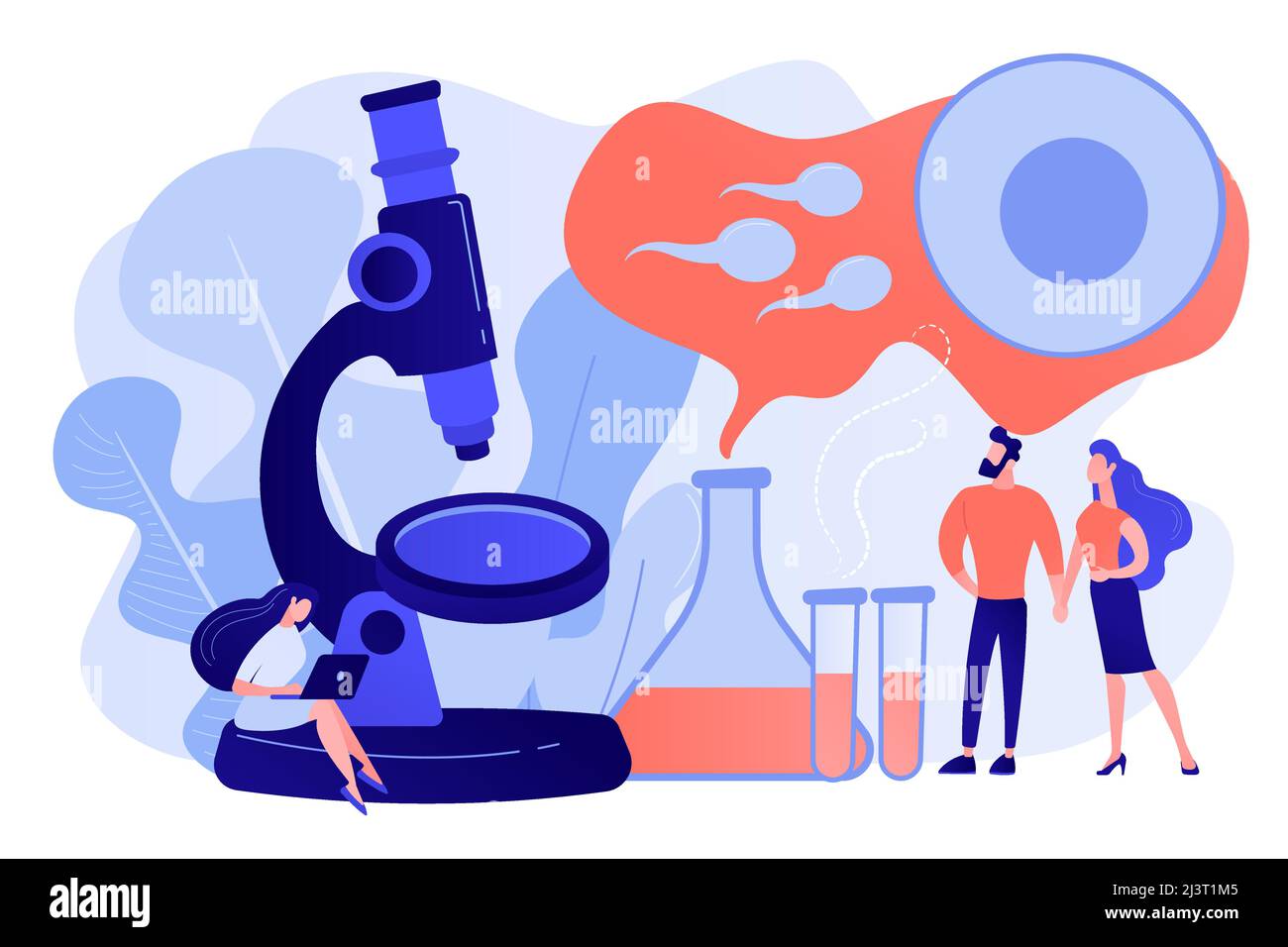 Scientist on microscope working on infertility treatment for couple. Infertility, female infertility causes, sterility medical treatment concept. Pink Stock Vector