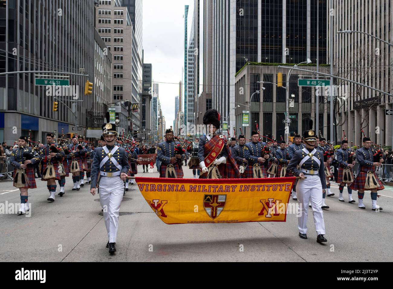 New York, USA. 09th Apr, 2022. The Virginia Military Institute bagpipe