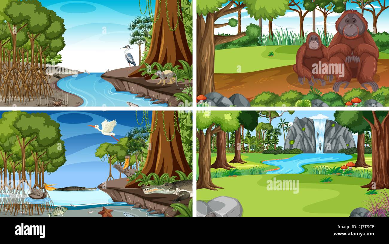 Different forest scenes with wild animals illustration Stock Vector ...