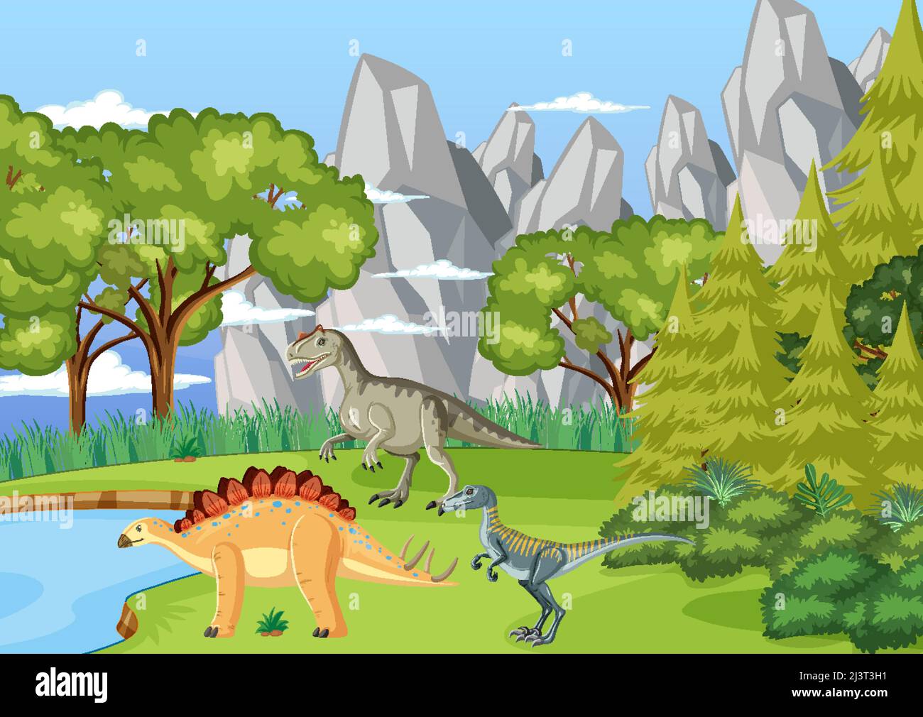 Scene with dinosaurs in the forest illustration Stock Vector Image ...
