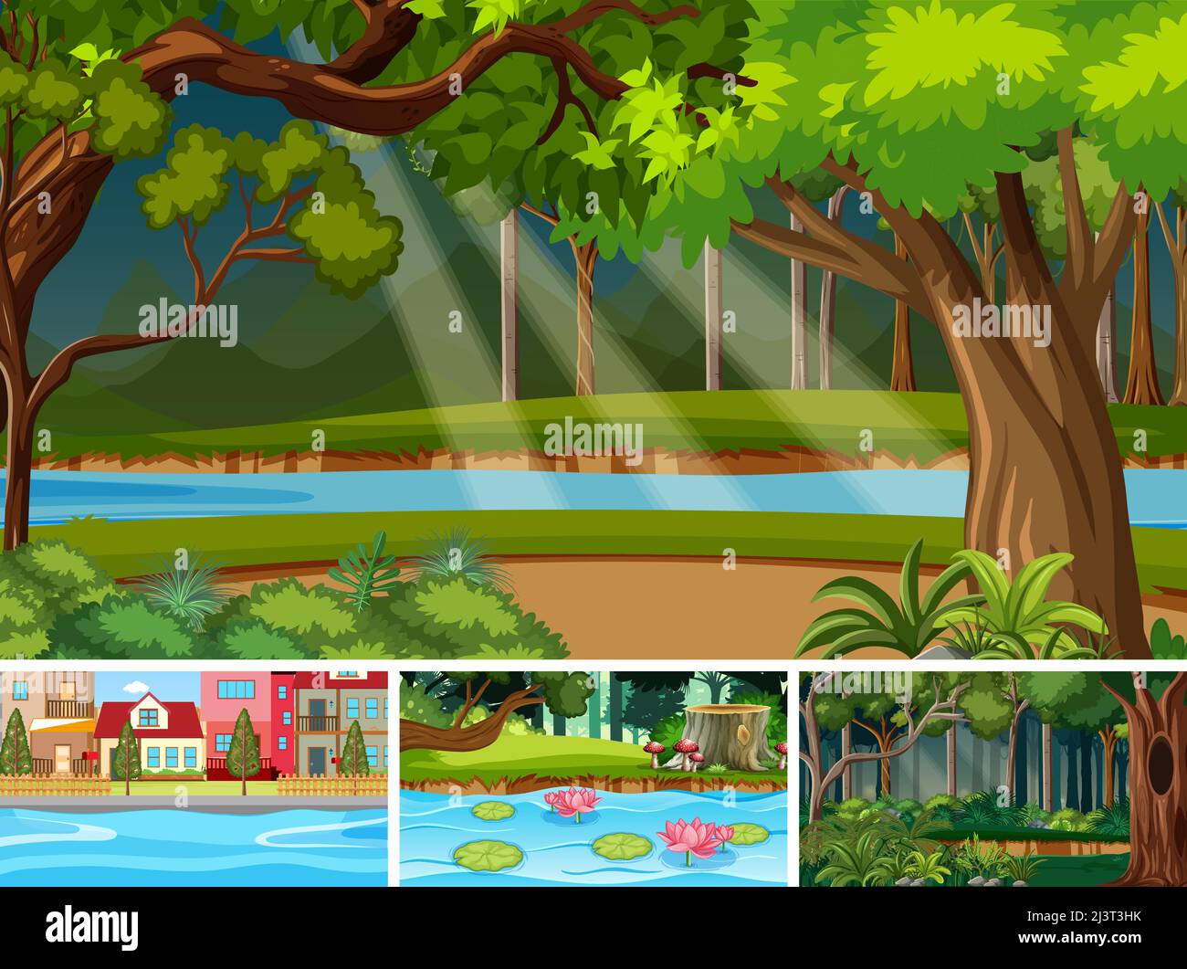 Nature scene with many trees and river illustration Stock Vector Image ...
