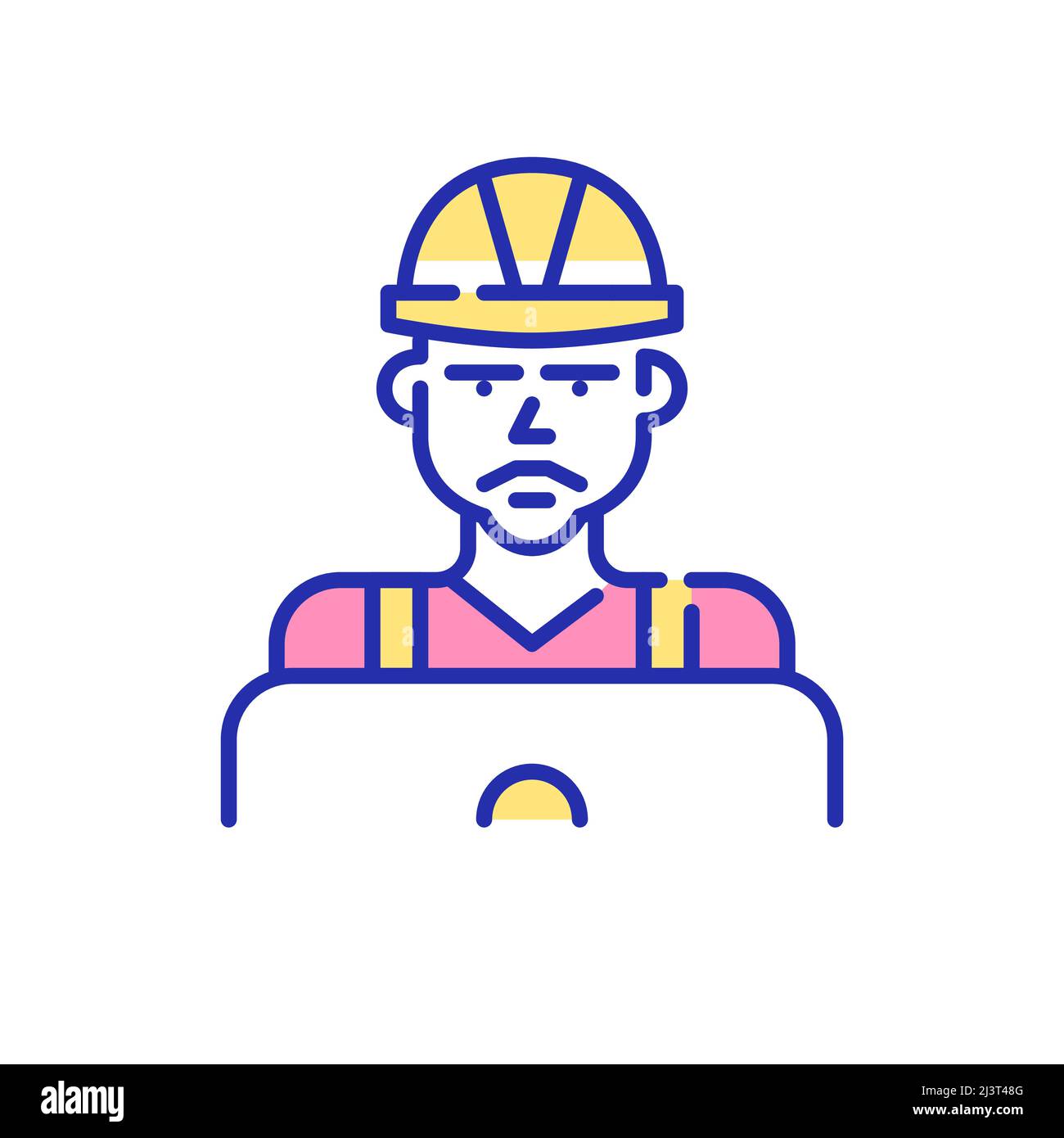 Construction worker using laptop. Pixel perfect, editable stroke fun color icon Stock Vector