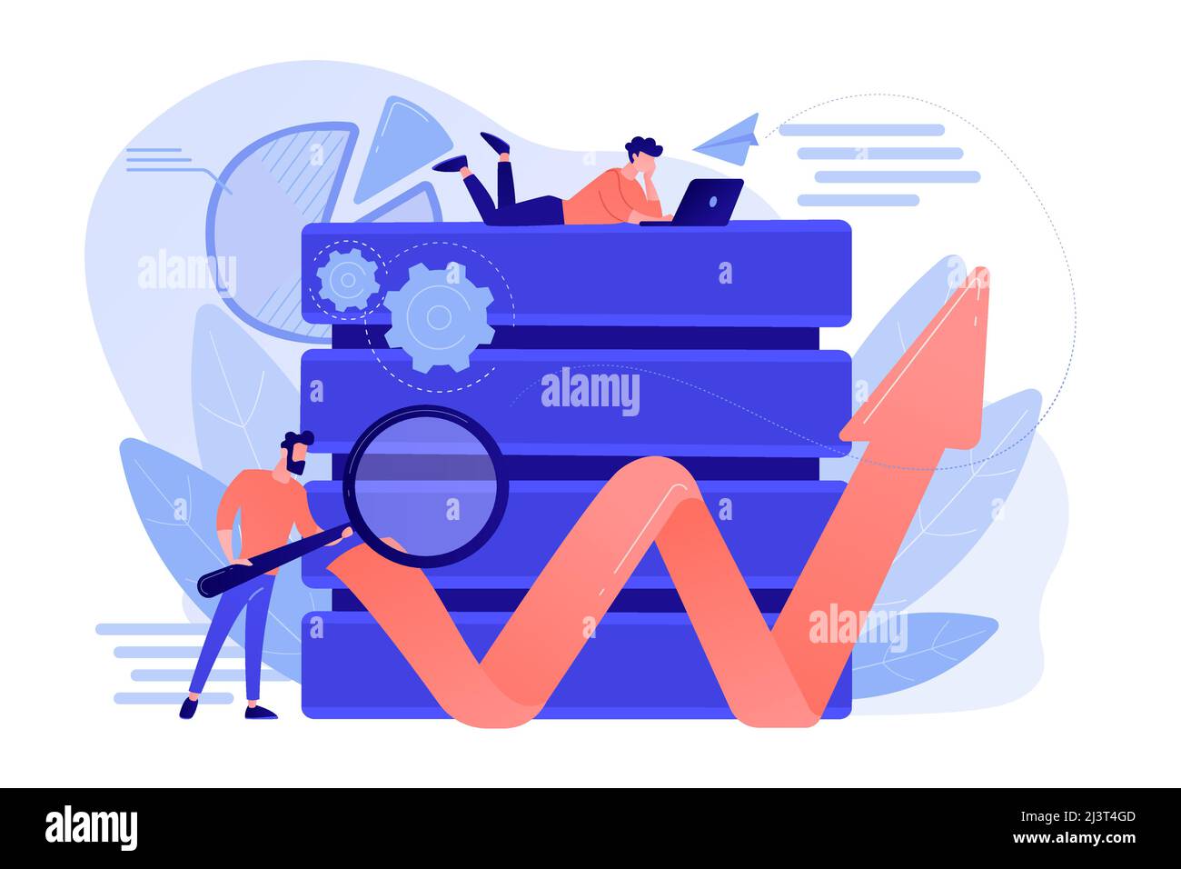 Developer with magnifying glass working with big data and zigzag arrow. Digital analytics tools, data storage and software engineering concept. Vector Stock Vector