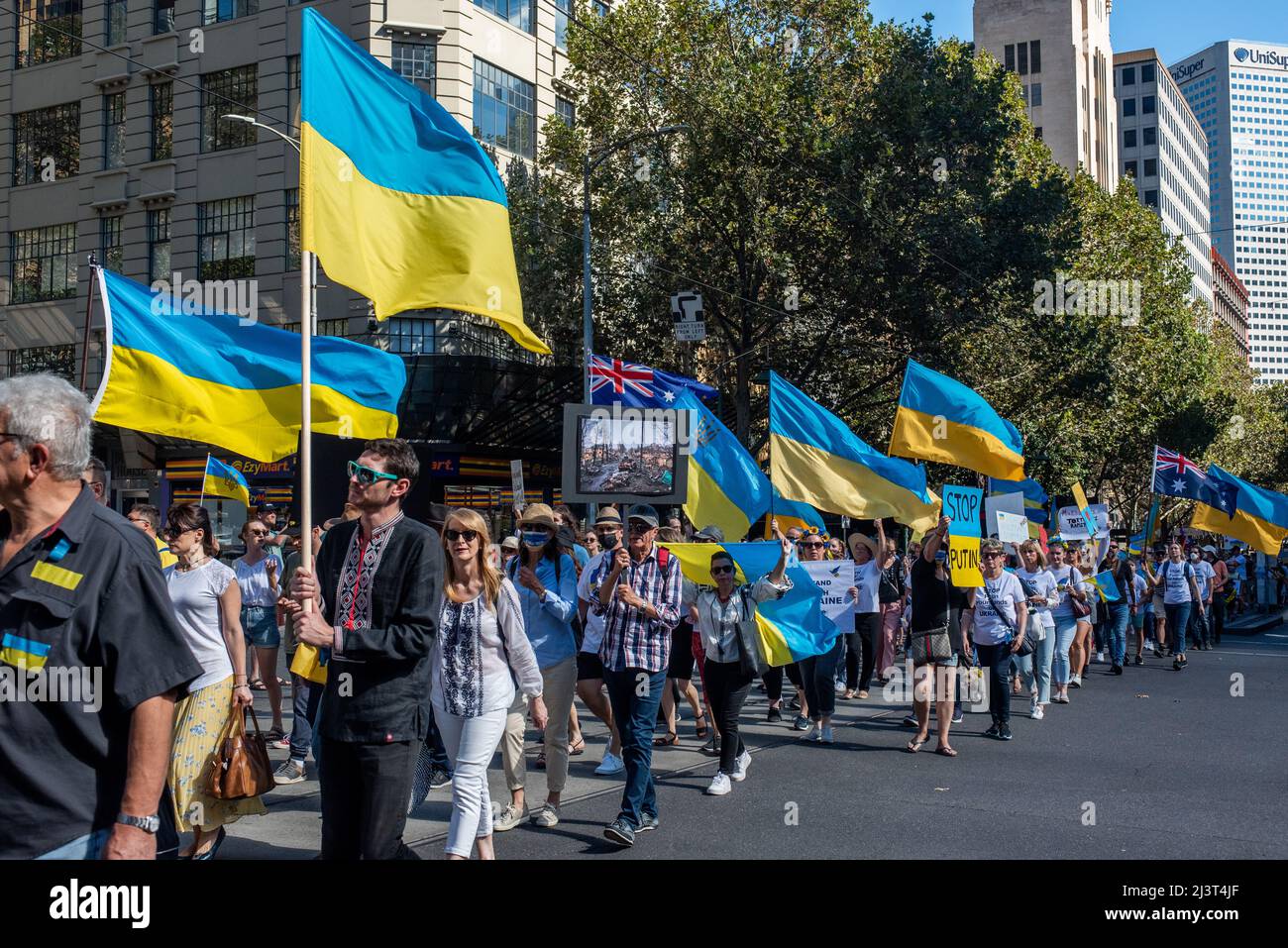 Melbourne, Australia. 10th Apr, 2022. Anti-war protesters march through Melbourne in support of Ukraine. Credit: Jay Kogler/Alamy Live News Stock Photo