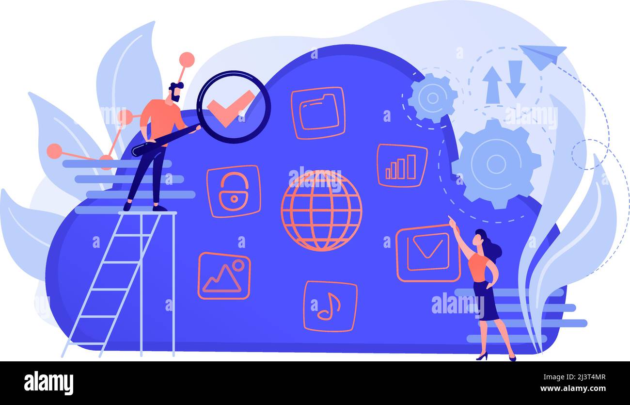Two users searchig for big data in the cloud. Computing storage technology, large database, data analysis, digital information concept. Vector isolate Stock Vector