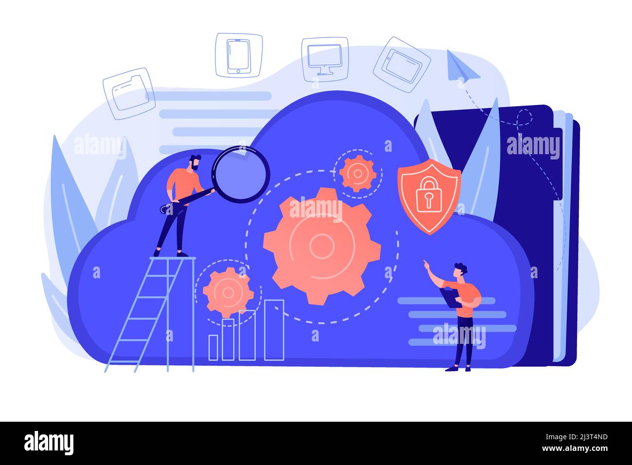 Two developers looking at the gears on the cloud. Digital data storage, database securiry, data protection, cloud technology concept. Vector illustrat Stock Vector