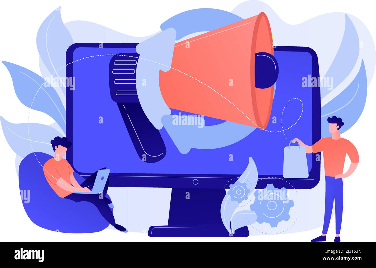 Computer with megaphone and businessman with laptop and shopping bag. Digital marketing, e-commerce, social media marketing concept. Pinkish coral blu Stock Vector