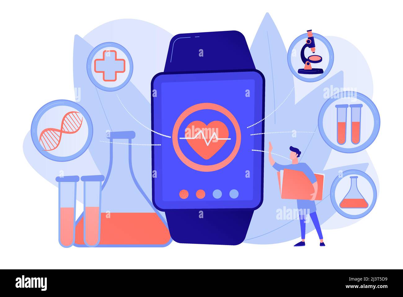 Doctor and smartwatch with heart and medical icons. Smartwatch health