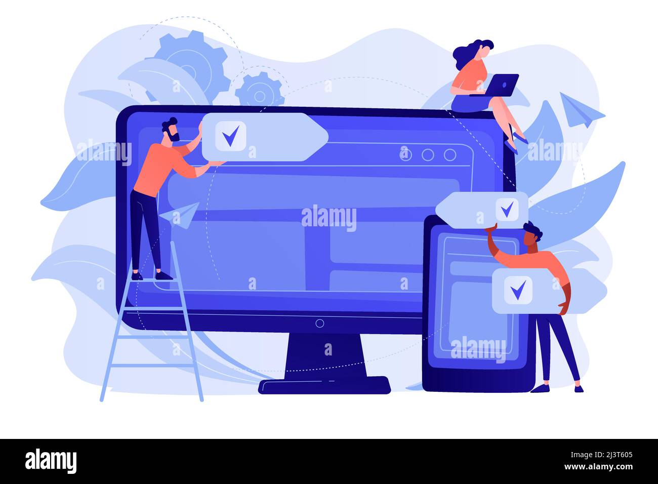 Developers use software on multiple devices. Cross-platform software, multi-platform and platform-independent software concept on white background. Pi Stock Vector