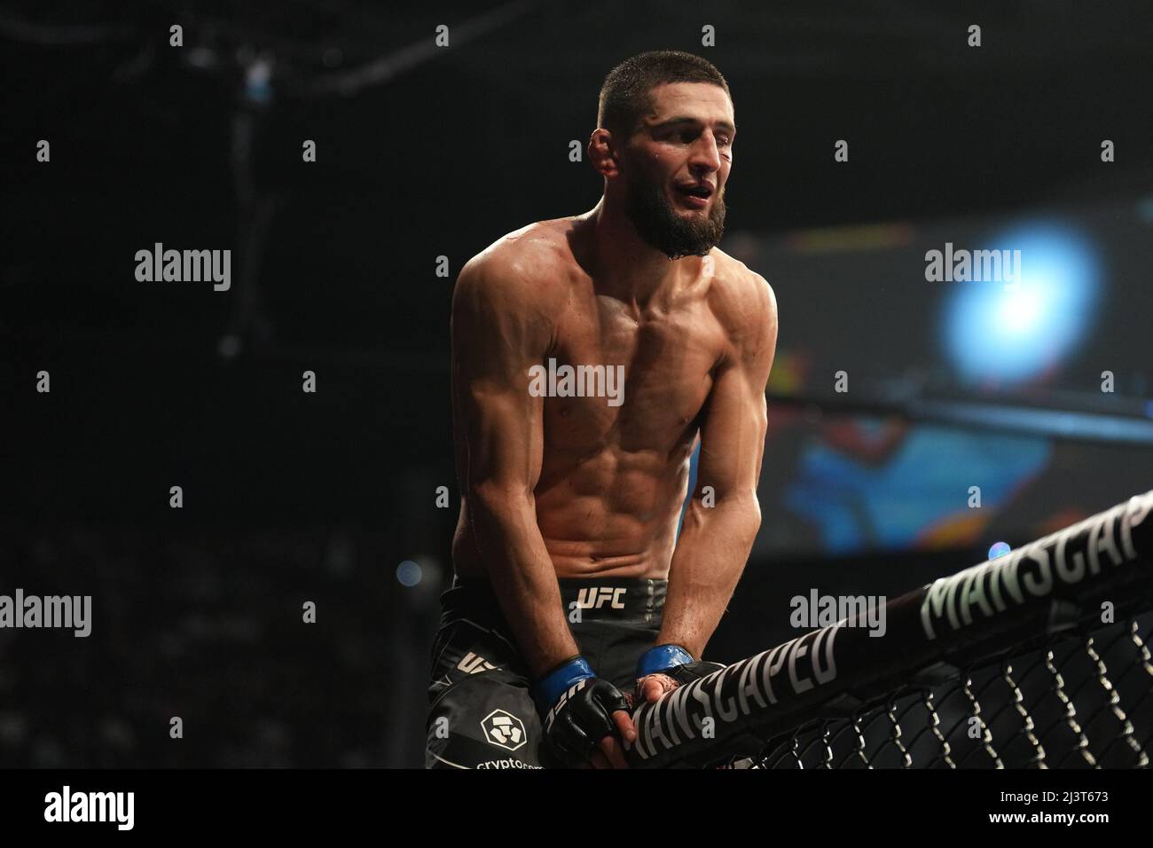 Jacksonville, Florida, Jacksonville, FL, USA. 9th Apr, 2022. JACKSONVILLE,  FL - APRIL 9: Khamzat Chimaev celebrates his victory over Gilbert Burns in  their Welterweight fight during the UFC 273 event at Vystar