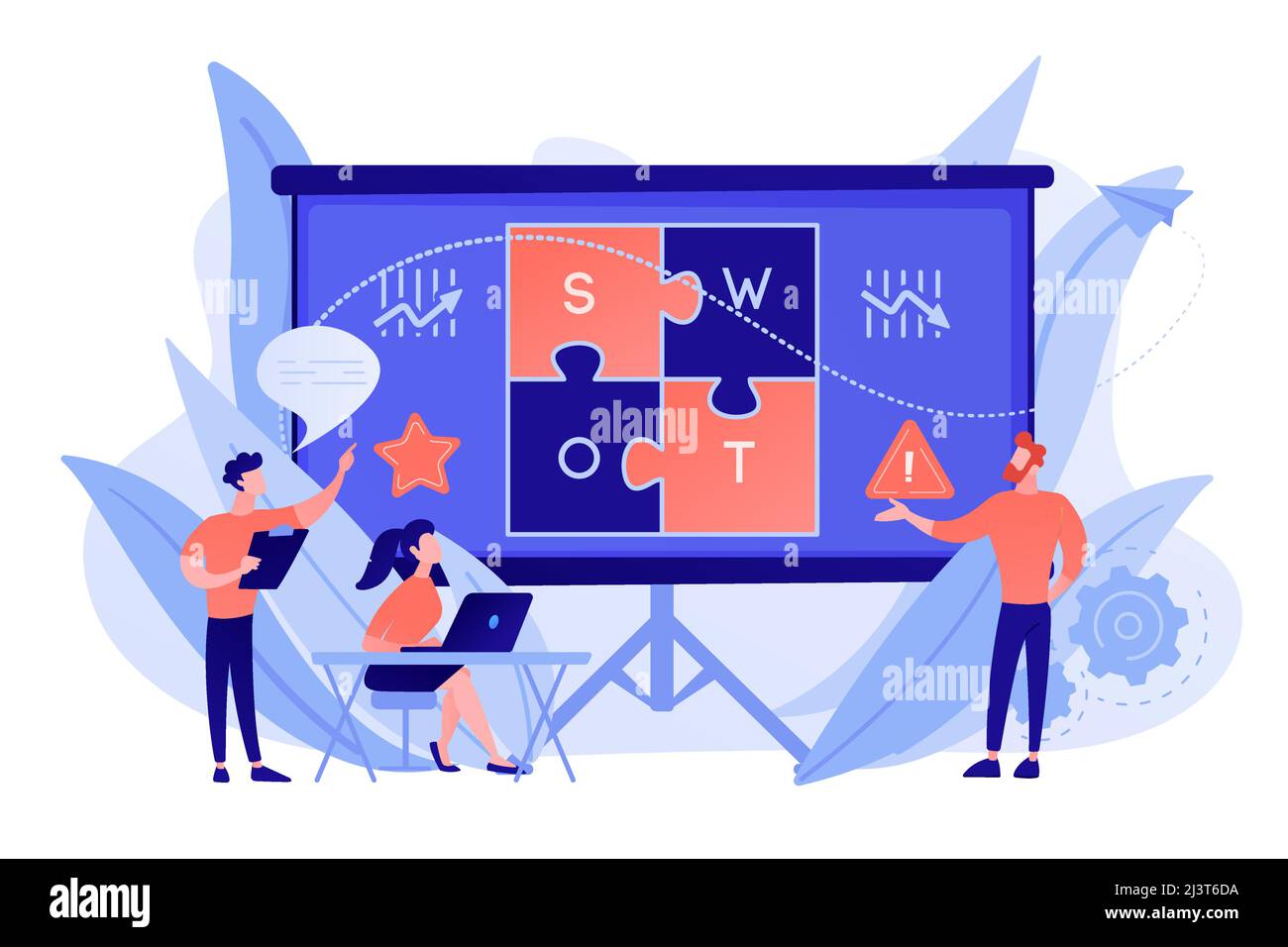SWOT analysis team working on list of your opportunities, strategizing and monitoring. SWOT analysis and matrix, strategic planning concept. Pinkish c Stock Vector