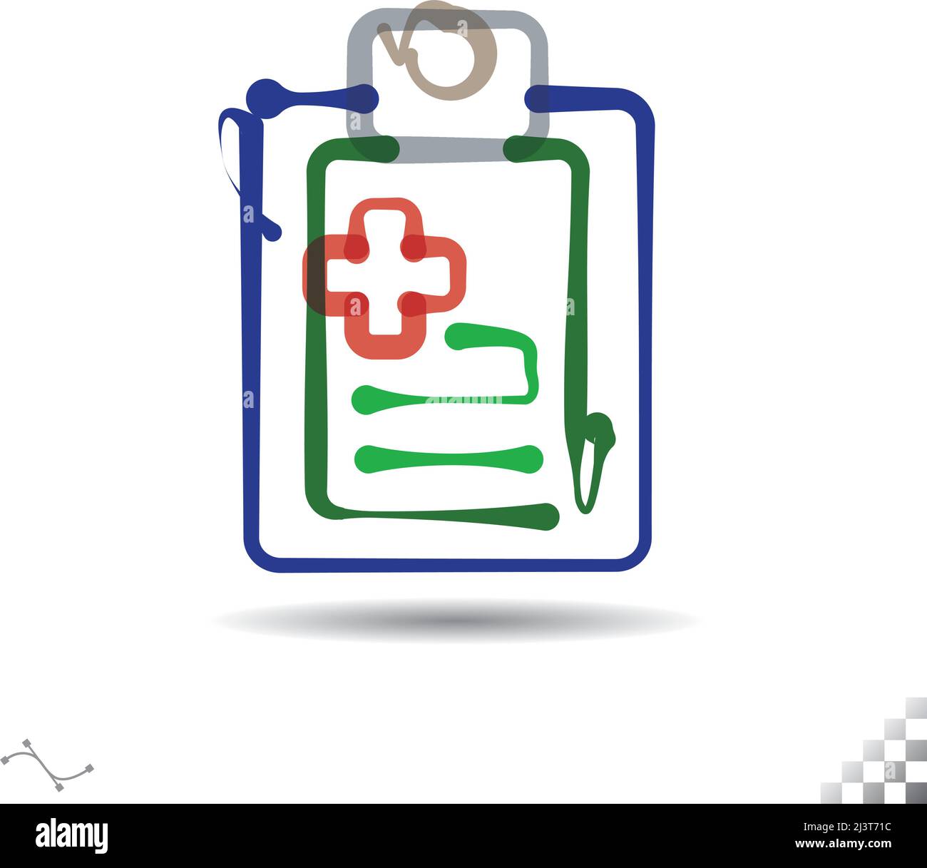 Clipboard icon symbol insignia with organic multicolor thick and thin line design with a plus symbol of health and prescription or medical form or 'notes Stock Vector