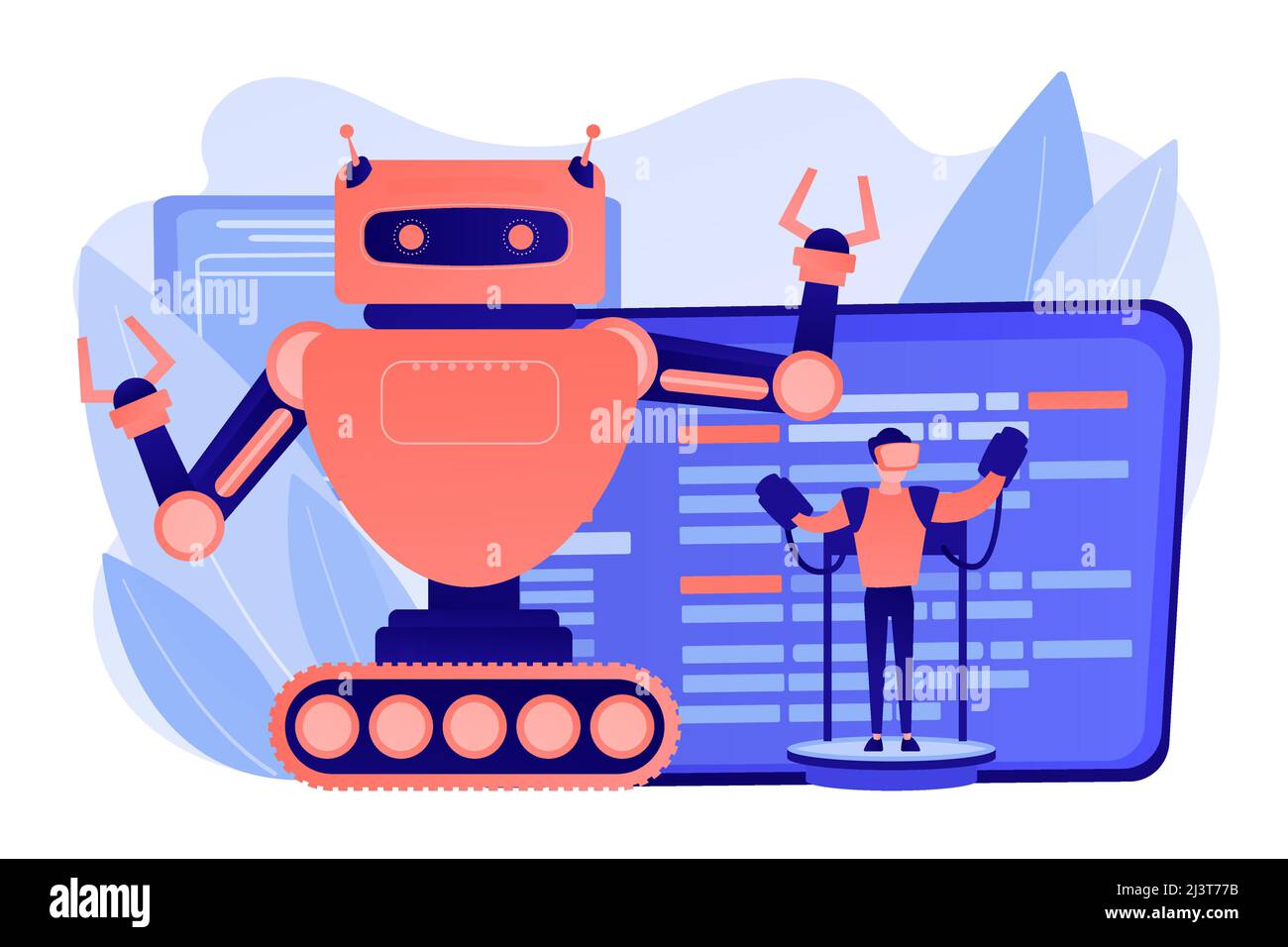 Engineer controlling big robot with remote technology. Remotely operated robots, robot control system, manipulation robotic system concept. Pinkish co Stock Vector