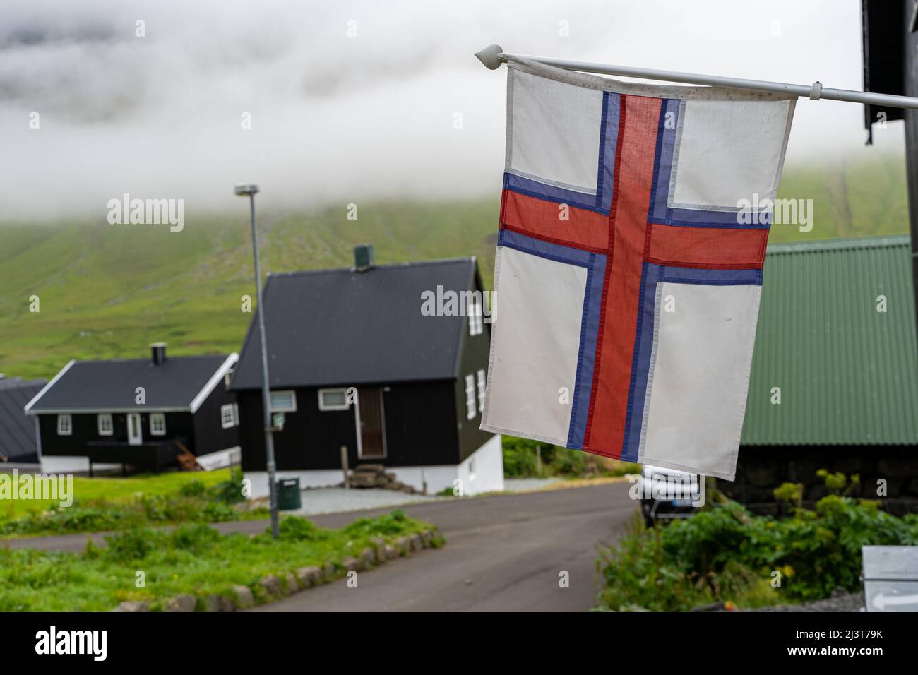 Close up view of the beautiful Black house with grass on the roof in the Faroe Islands Stock Photo