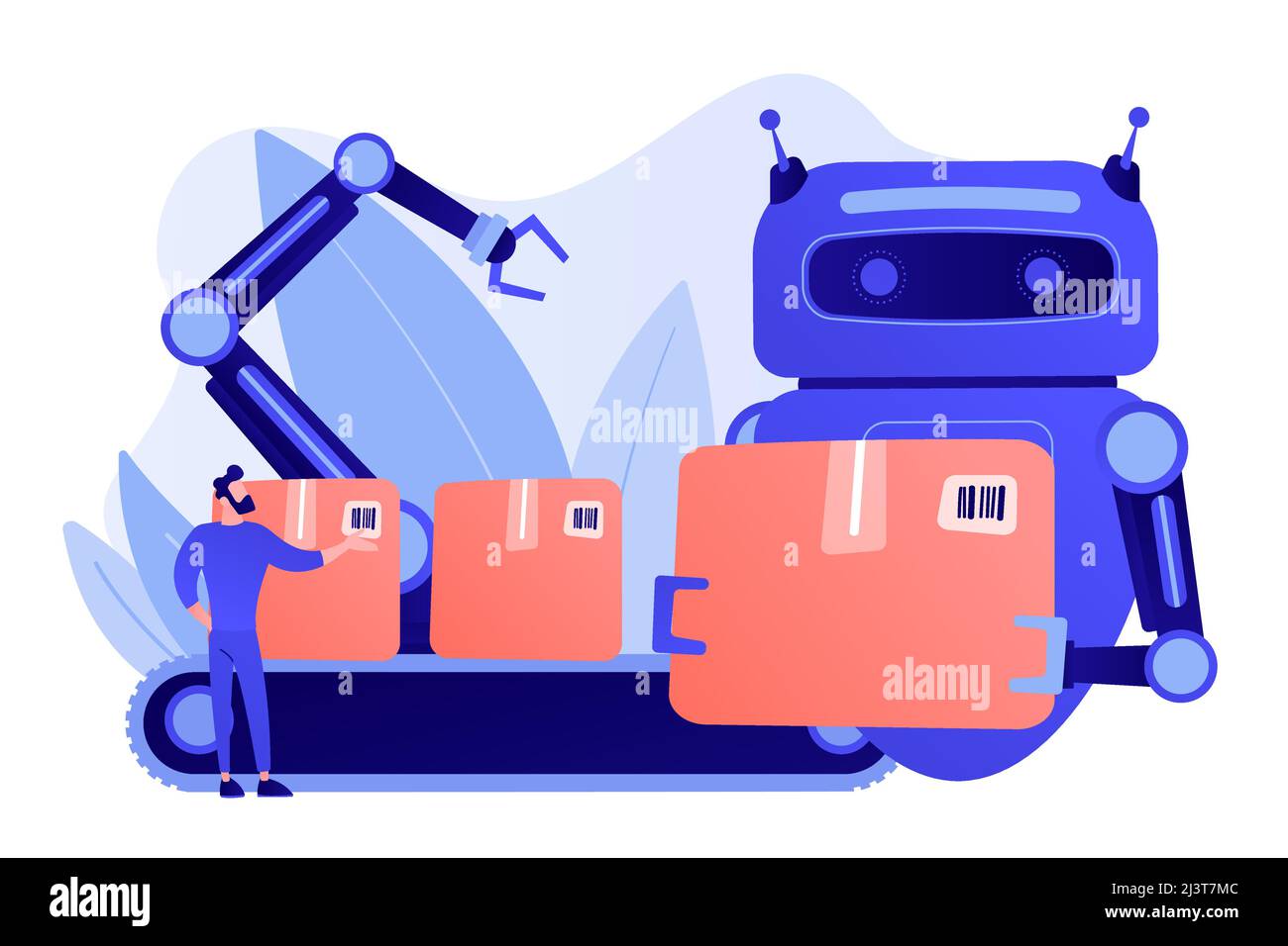 Robot substituting human working with boxes on conveyor belt and robotic arm. Labor substitution, man versus robot, robotics labor control concept. Pi Stock Vector