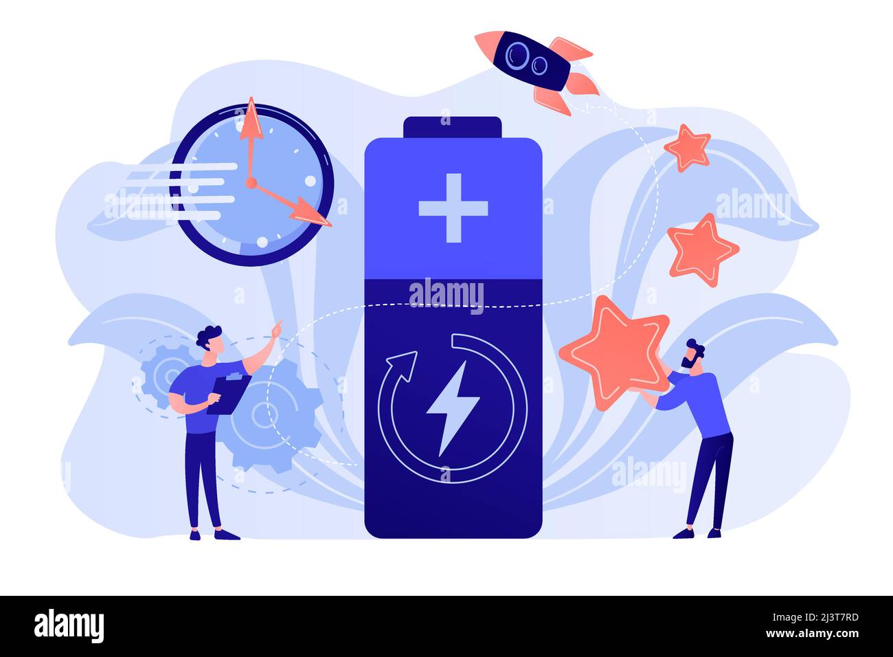 Engineers with battery charging, clock and stars with rocket. Fast charging technology, fast-charge batteries, new battery engineering concept. Pinkis Stock Vector