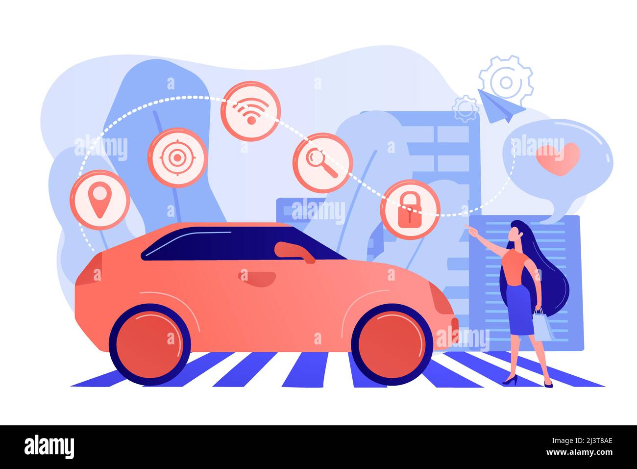 Businesswoman with heart likes using autonomos car with technology icons. Autonomous car, self-driving car, driverless robotic vehicle concept. Pinkis Stock Vector