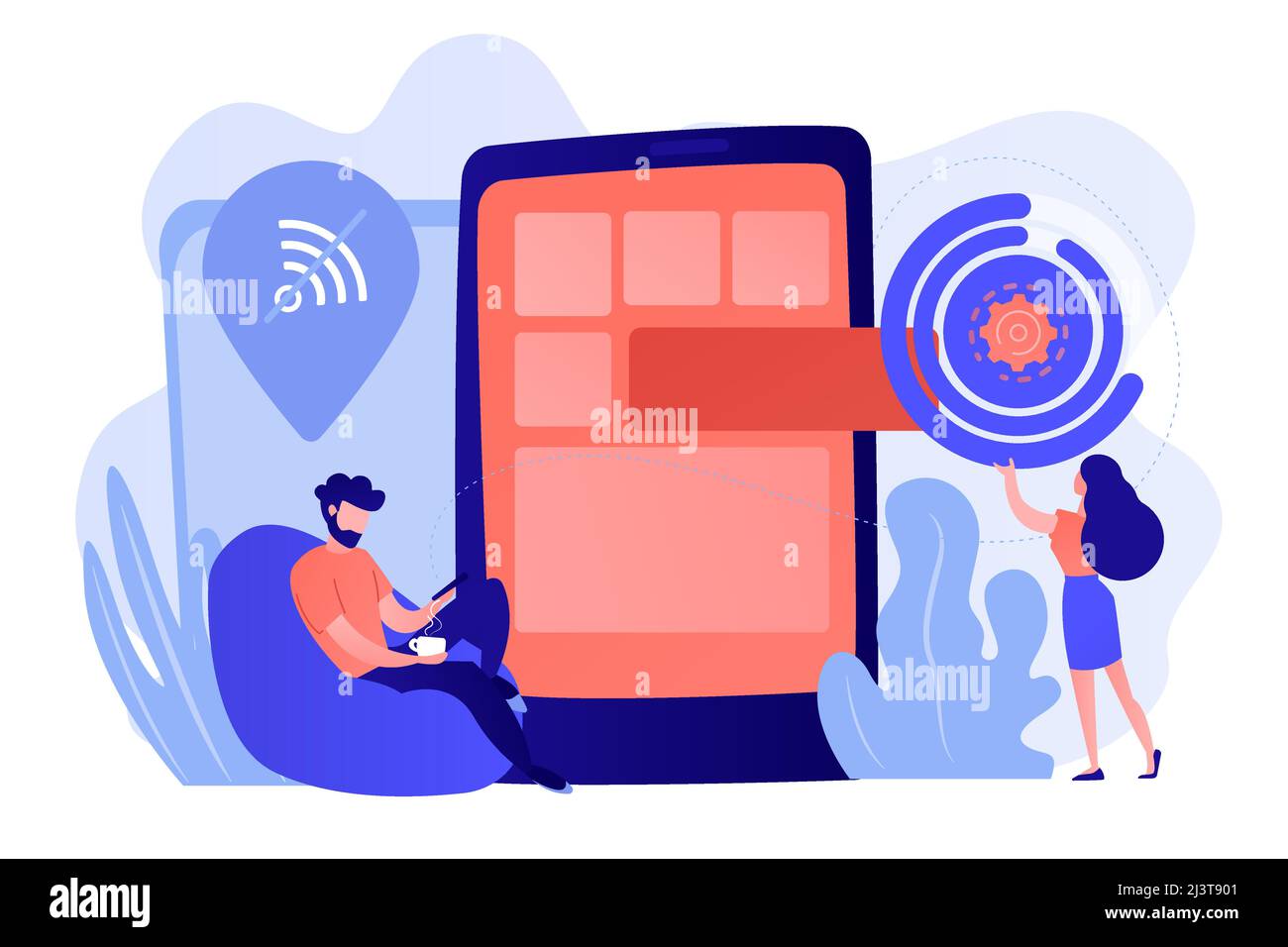 Developer working on web app on smartphone, user offline, tiny people. Progressive web app, working offline web, PWA application development concept. Stock Vector