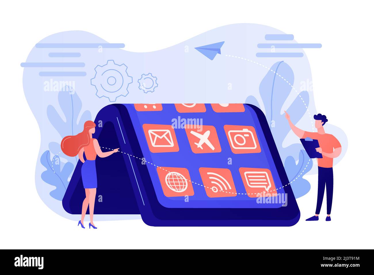 Tiny people at big smartphone with flexible display. Bendable device technology, flexible display device, next-generation electronics concept. Pinkish Stock Vector