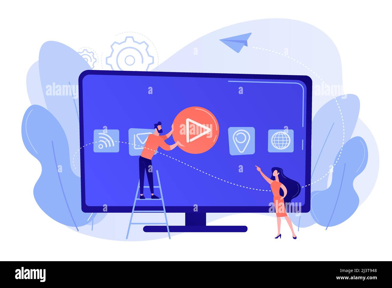 Tiny people at huge smart television with application icons on display. Smart TV technology, internet television, online tv sreaming concept. Pinkish Stock Vector