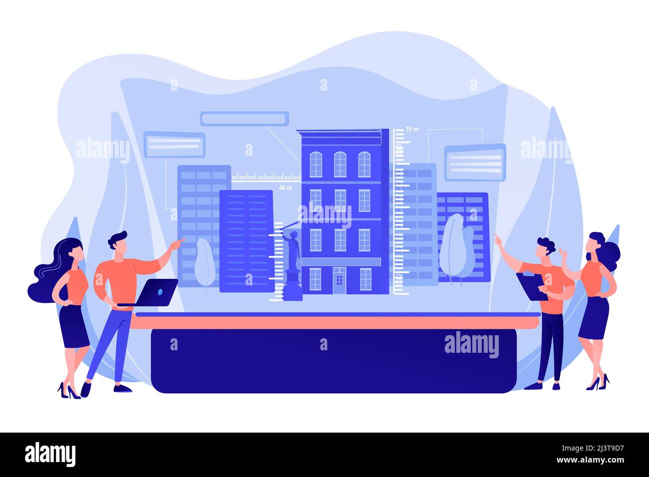 Augmented reality urban modeling, city VR experience. Interactive design visualization, virtuality architecture, virtual reality experiences concept. Stock Vector