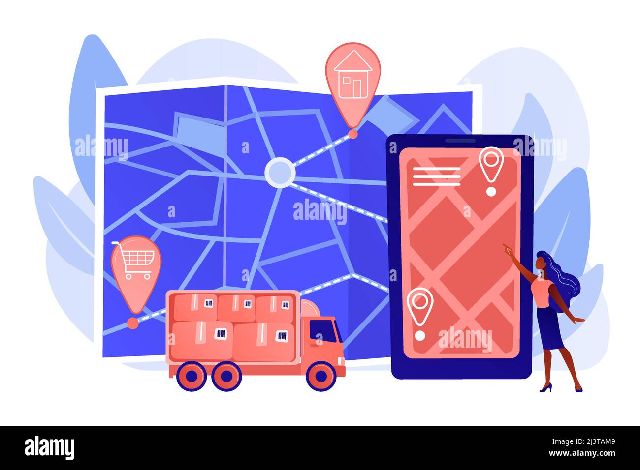 Tracking delivery, package on smartphone application. Delivery point validation, delivery driver app, independent courier concept. Pinkish coral bluev Stock Vector