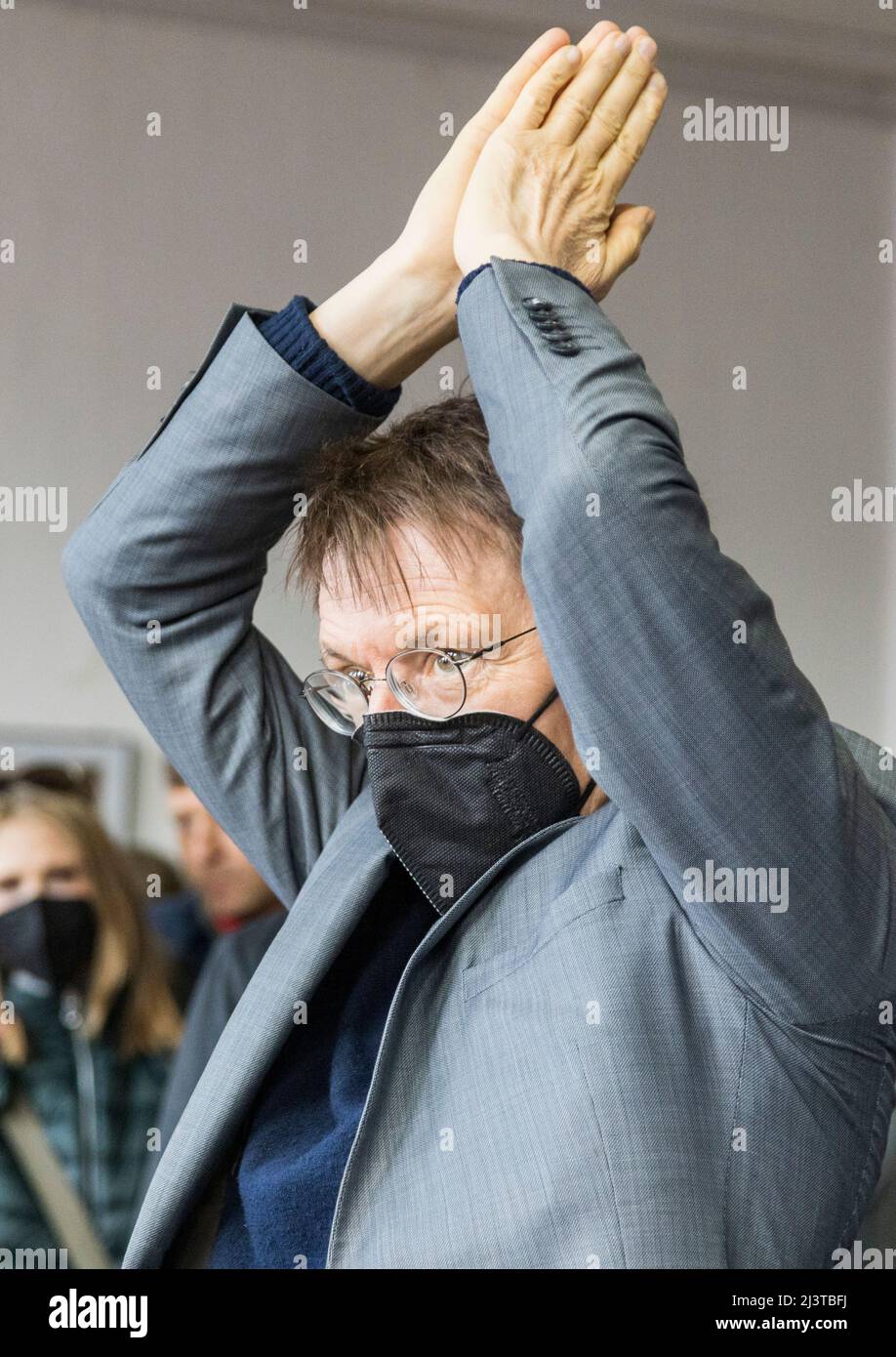 Mülheim an der Ruhr, Germany, 9 April 2022. Karl Lauterbach practicing yoga. SPD election campaign for the NRW state election 2022. Health Secretary Karl Lauterbach at the SPD health festival in the Alte Dreherei Stock Photo