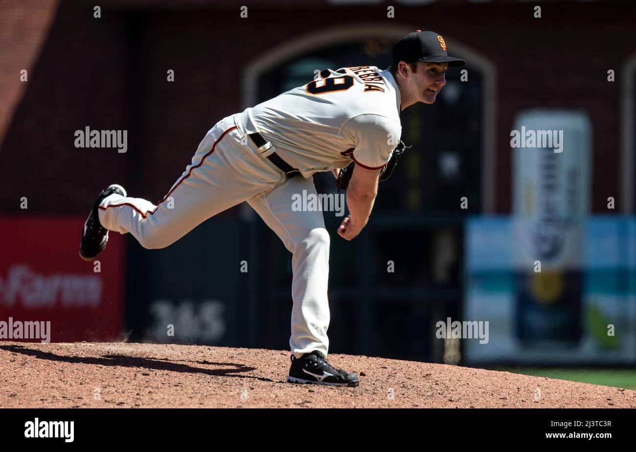 April 09 2022 San Francisco CA, U.S.A. San Francisco relief pitcher John Brebbia (59) on the mound during MLB game between the Miami Marlins and the San Francisco Giants. The Marlins beat the Giants 2-1 at Oracle Park San Francisco Calif. Thurman James/CSM Stock Photo