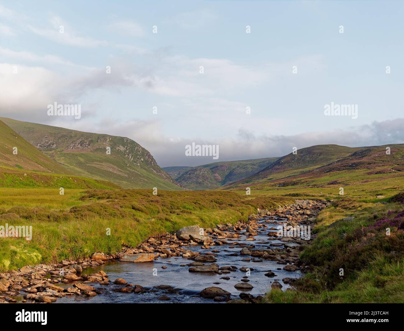 The Water of Saughs flowing gently down the Valley of Glen Lethnot in the early morning Summers light. Stock Photo