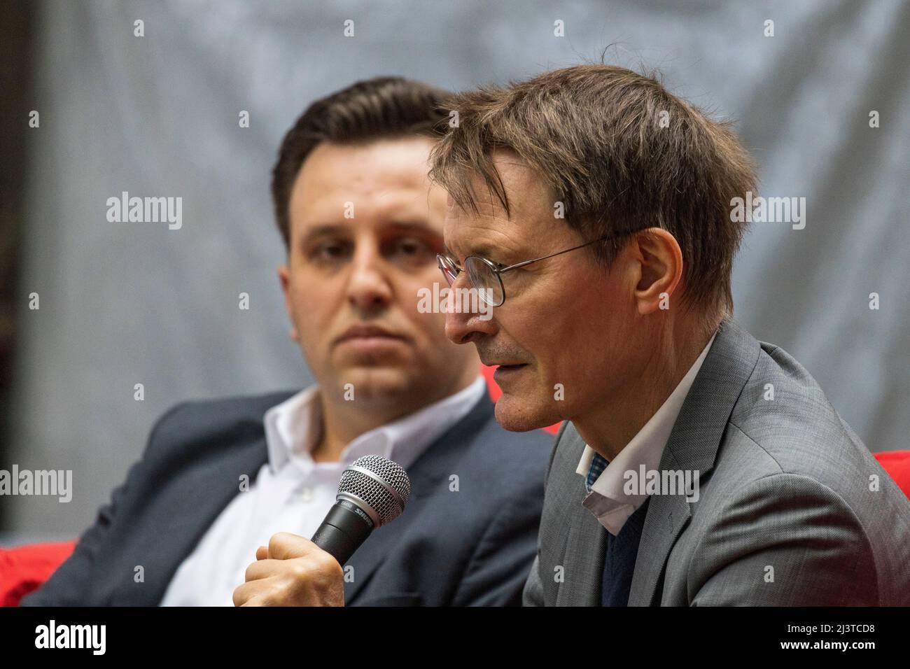 Mülheim an der Ruhr, Germany, 9 April 2022. L-R: Candidate Rodion Bakum and Karl Lauterbach. SPD election campaign for the NRW state election 2022. Health Secretary Karl Lauterbach attends the SPD health festival in the Alte Dreherei Stock Photo