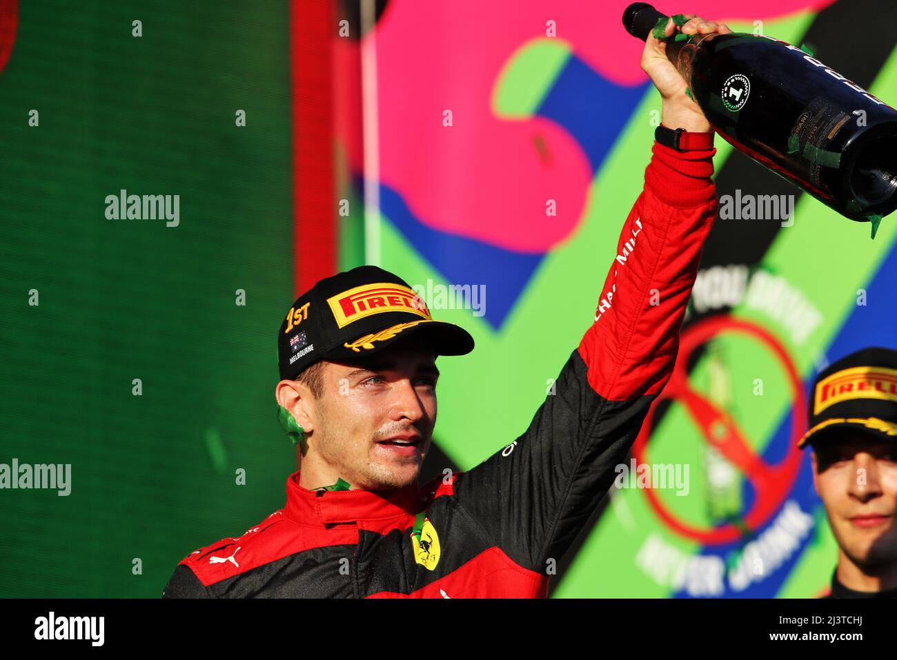 Race winner Charles Leclerc (MON) Ferrari celebrates on the podium ...