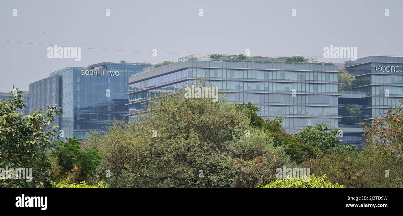 Mumbai, Maharashtra, India, April 04 2022: Godrej Two, the headquarter complex of Godrej Industries in Vikhroli township. View from eastern express hi Stock Photo