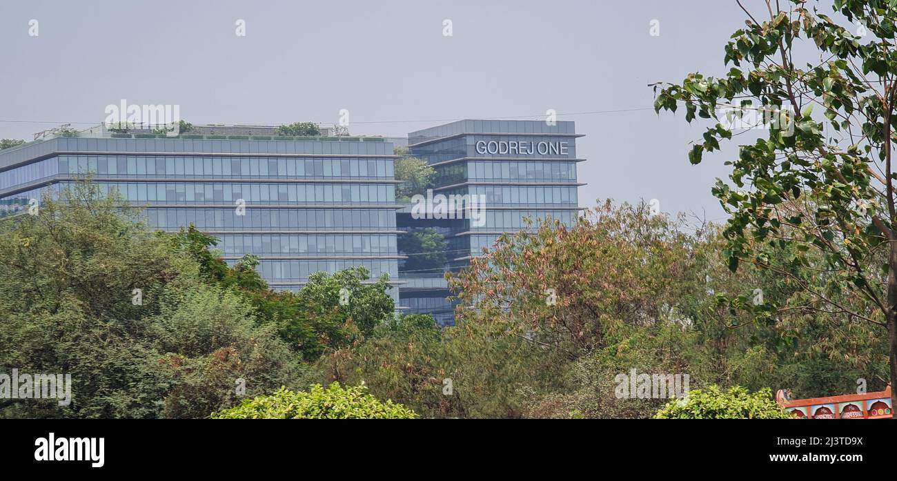 Mumbai, Maharashtra, India, April 04 2022: Godrej One, the headquarters of Godrej Industries in Vikhroli township. View from eastern express highway. Stock Photo