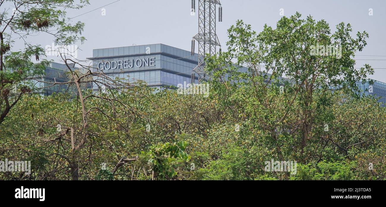 Mumbai, Maharashtra, India, April 04 2022: Godrej One, the headquarters of Godrej Industries in Vikhroli township. View from eastern express highway. Stock Photo