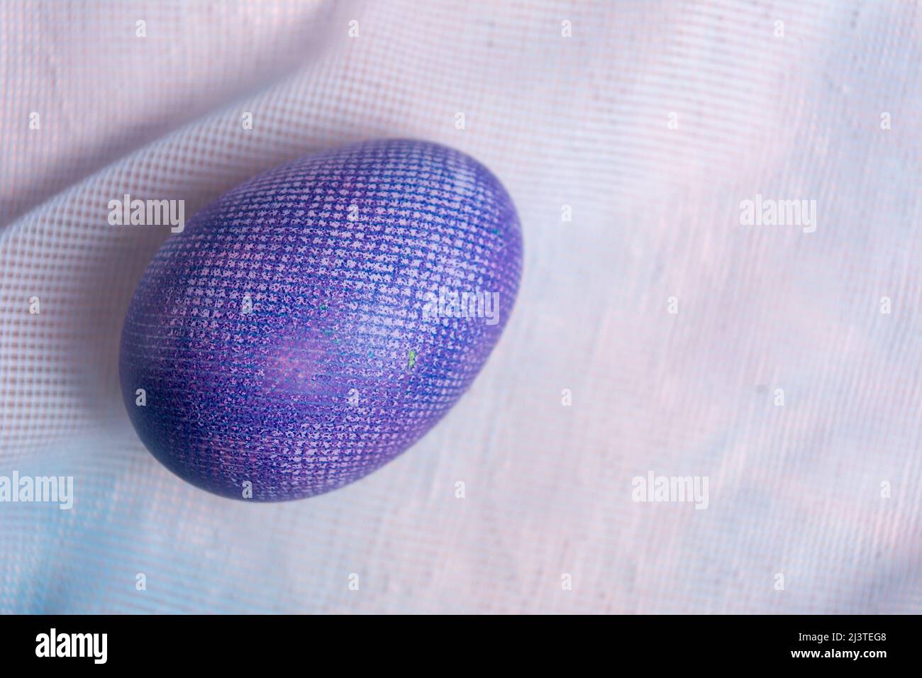 Purple Easter egg with a lace look on a pastel background. Stock Photo