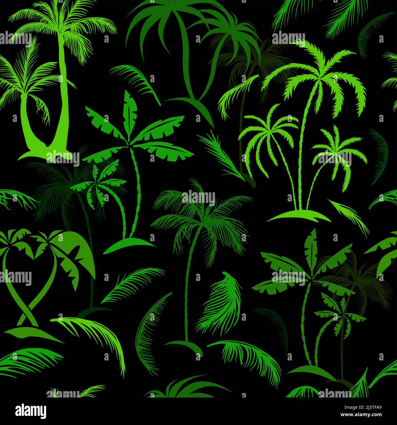 Vector seamless tropical pattern with palm tree on black background ...