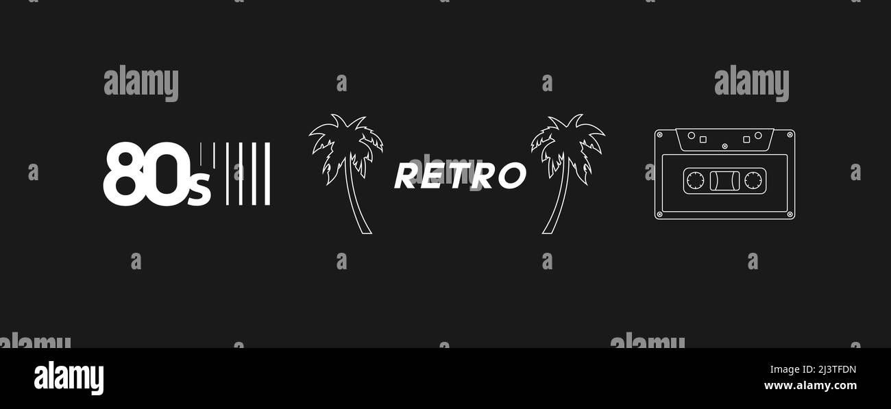 Set of retrowave design elements. RETRO title with palm trees, 80s headline and audio cassette. Pack of retrowave 1980s style design elements. Vector Stock Vector