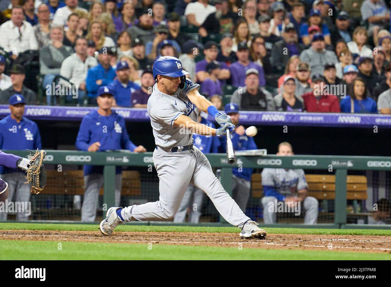 Denver CO, USA. 9th Apr, 2022. Los Angeles catcher Austin Barnes(15) in  action during the game with Los Angels Dodgers and Colorado Rockies held at  Coors Field in Denver Co. David Seelig/Cal