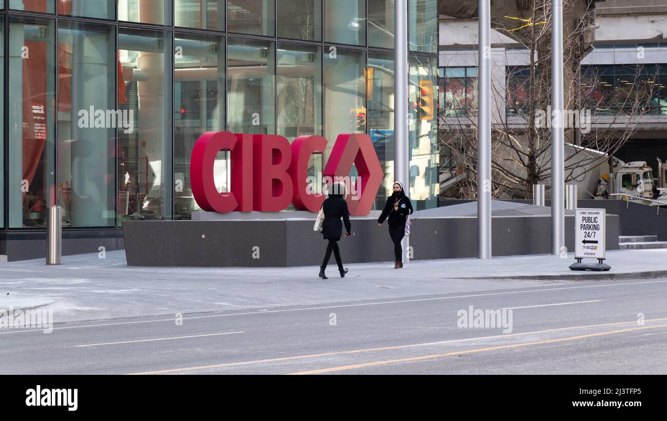 The CIBC logo is at the base of the new CIBC Square office building in downtown Toronto. Stock Photo