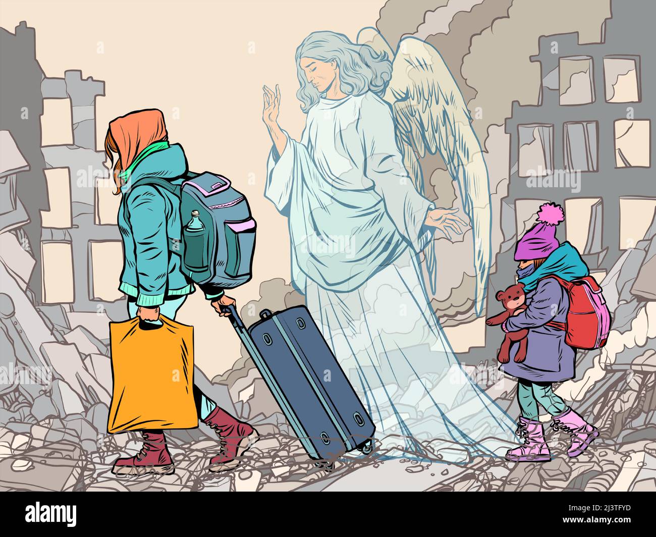 European refugee children and an angel in the ruins of city buildings. War and humanitarian crisis. Grief. Pop Art Retro Vector Illustration 50s 60s K Stock Vector