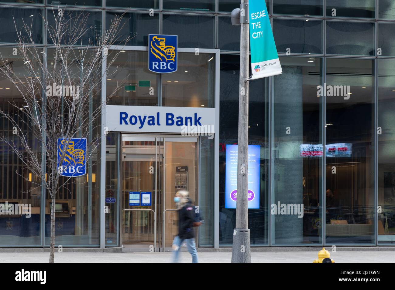 The front of an RBC (Royal Bank of Canada) bank branch in downtown Toronto. Stock Photo